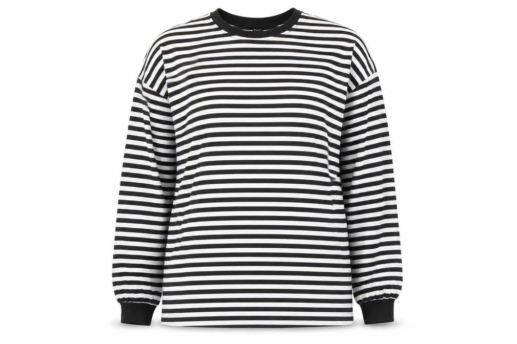 Front view of SHEIN women’s multicoloured striped polyester pullover sweatshirt, size M, pullover