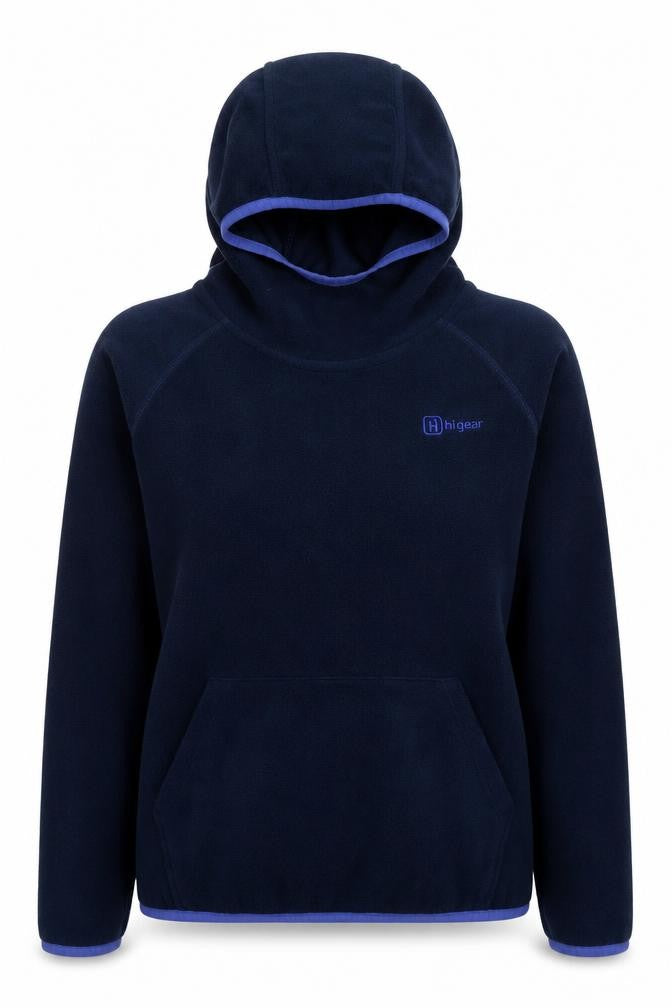 Front view of Hi Gear women’s blue polyester pullover hoodie, size UK 8, pullover