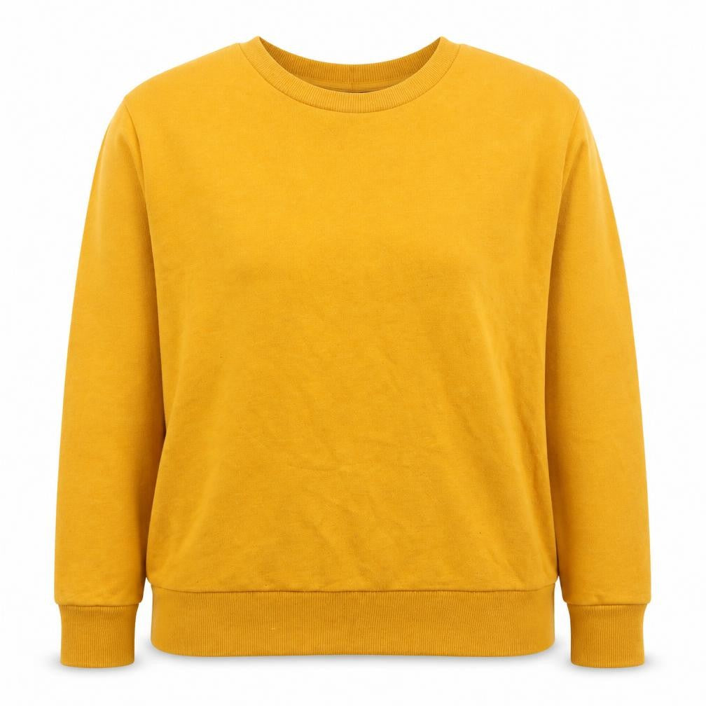 Front view of Primark women’s yellow polyester pullover sweatshirt, size UK 10, pullover