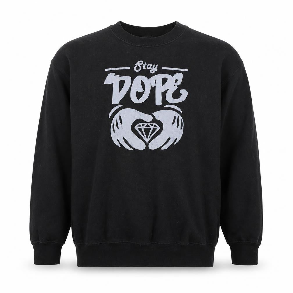 Front view of D&H Clothing men’s black polyester pullover sweatshirt, size M, - stay dope