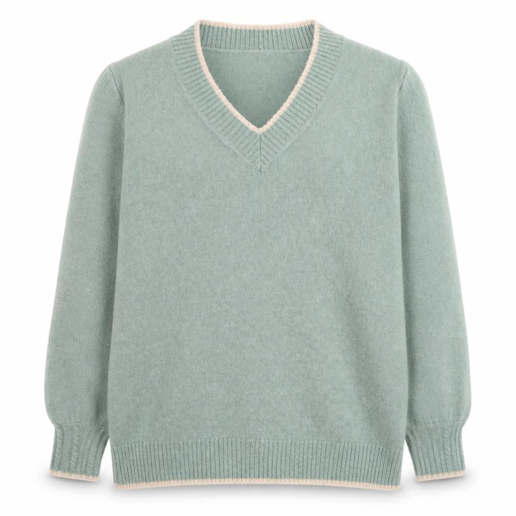 Front view of Springfield women’s green v-neck acrylic jumper, size M
