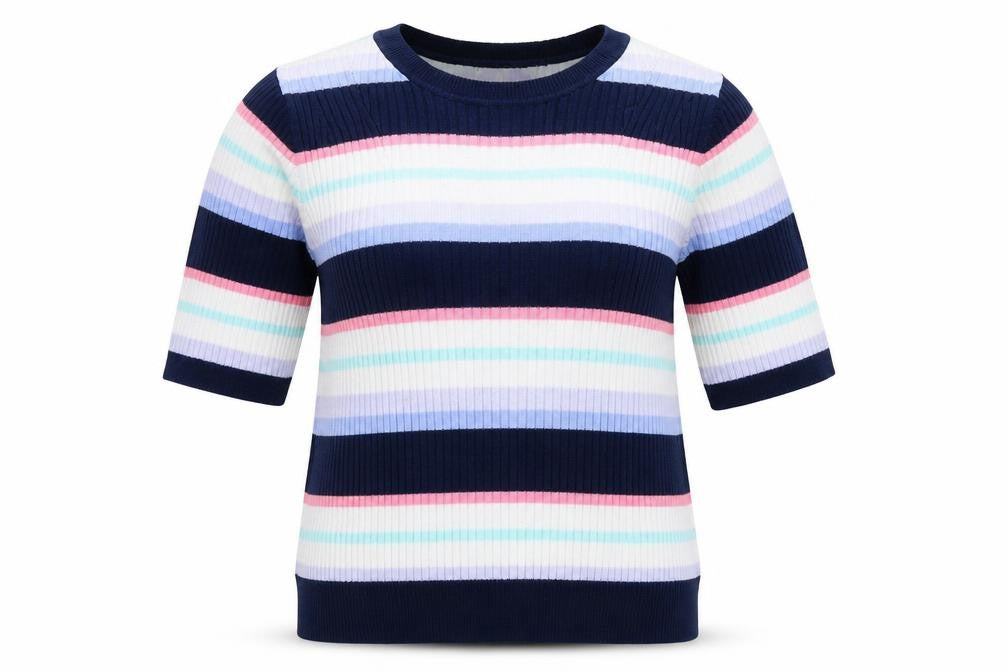 Front view of Garfield & Marks women’s multicoloured round neck striped viscose jumper, size UK 16, - ribbed