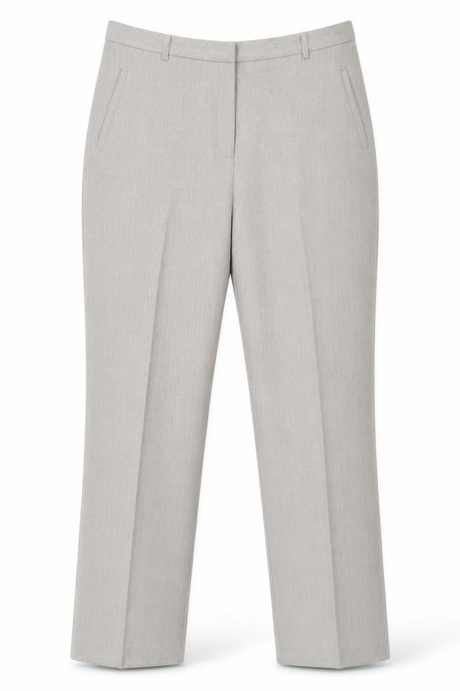 Front view of Classics women’s grey polyester trousers, size UK 34, in, 23-inch leg regular zip