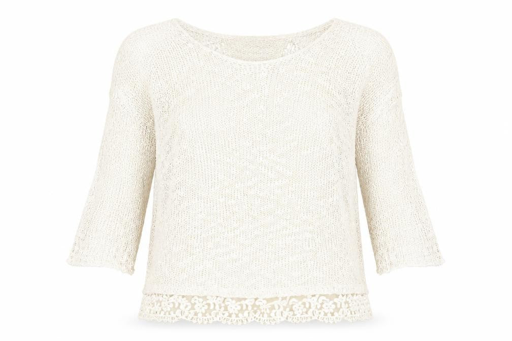 New Look Womens Ivory Round Neck Acrylic Pullover Jumper Size M - Lace Trim