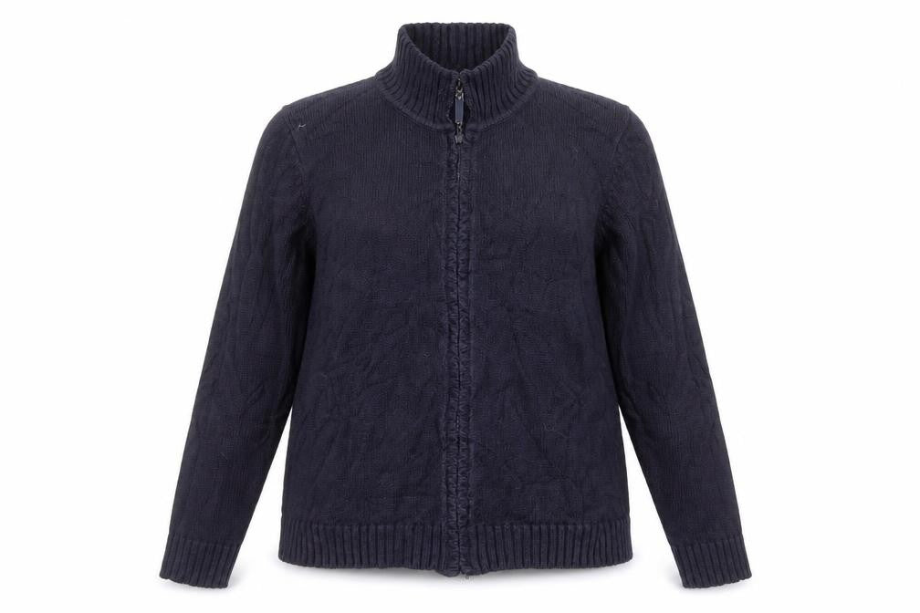 Front view of TIGI women’s blue high neck acrylic full zip jumper, size UK 16