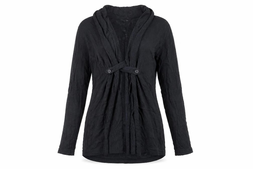 Front view of Double Dot women’s black v-neck polyester cardigan jumper, size S