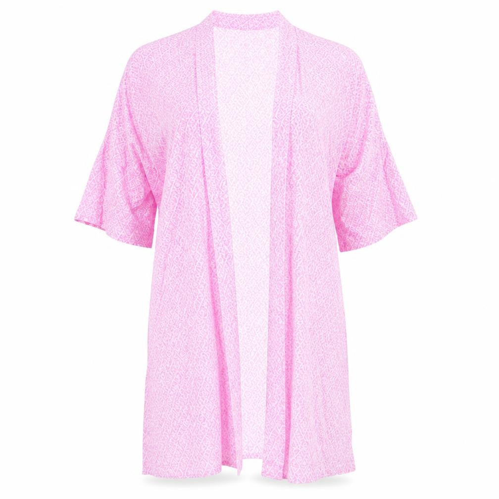 Front view of Marks & Spencer women’s pink geometric kimono jacket, size UK 10, tie