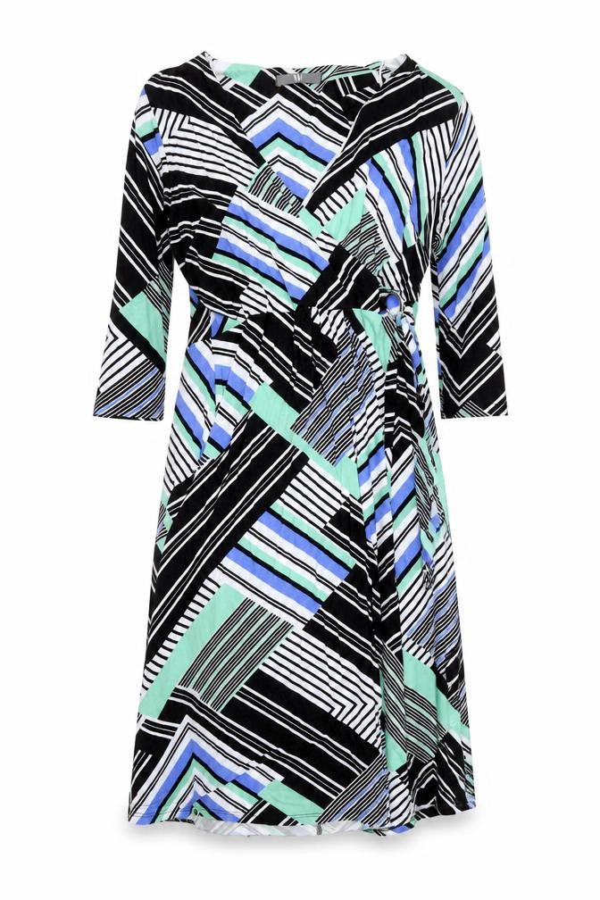 Front view of BHS women’s multicoloured striped viscose fit & flare, size UK 14, v-neck pullover