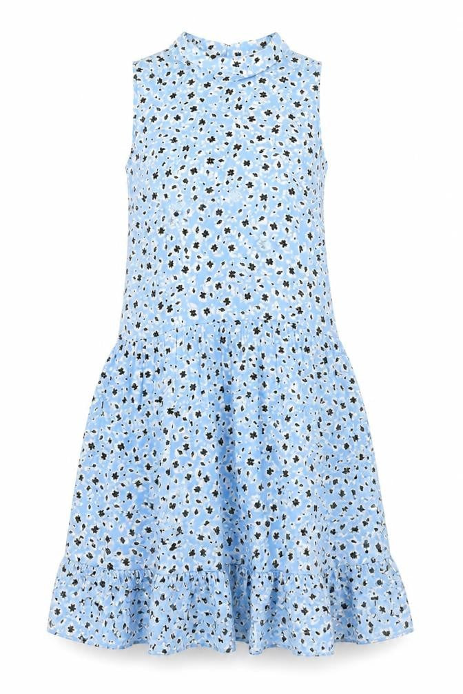 Front view of Topshop women’s blue geometric viscose fit & flare, size UK 8, collared pullover