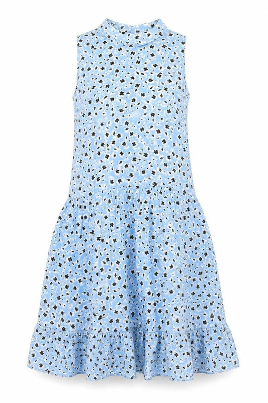 Front view of Topshop women’s blue geometric viscose fit & flare, size UK 8, collared pullover
