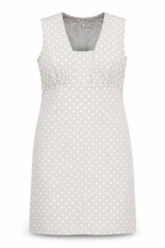 Front view of women’s grey polka dot polyester a-line, size M, square neck zip