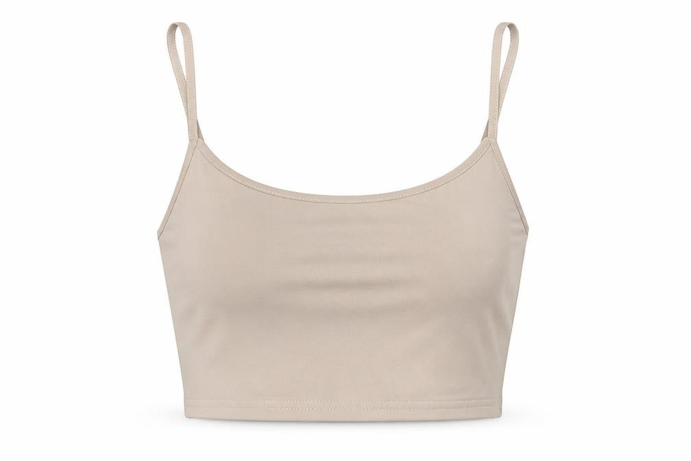 Front view of Diva Dames women’s beige polyester cropped tank, size S, scoop neck