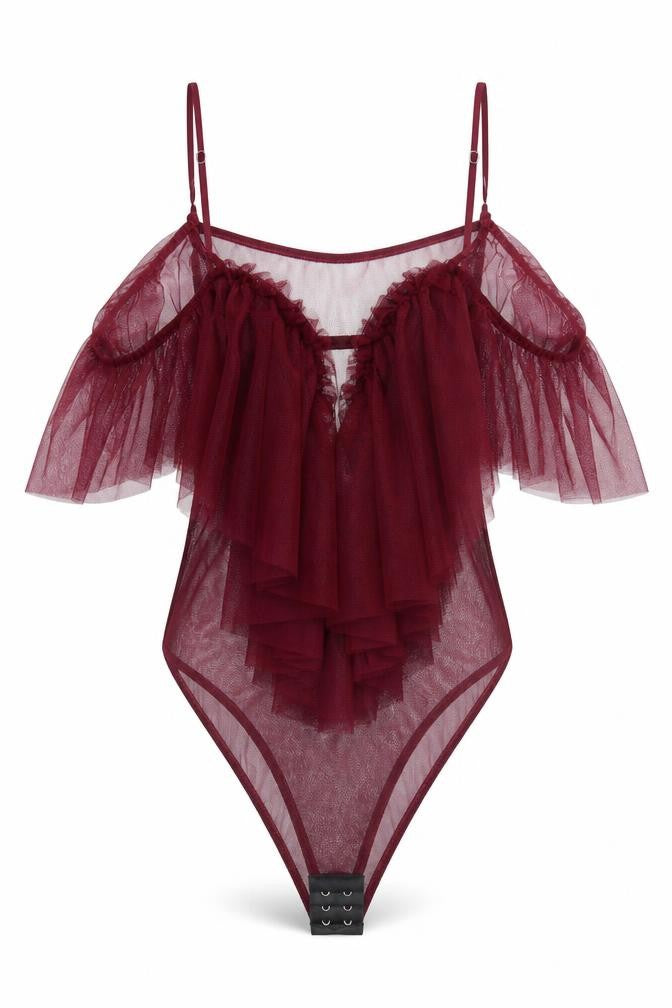 Front view of Just Your Outfit women’s red polyester bodysuit one-piece, size M, pullover