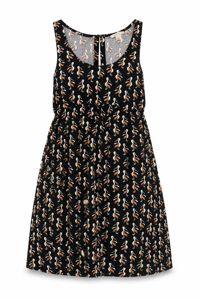 Front view of H&M women’s black geometric viscose a-line, size S, scoop neck pullover