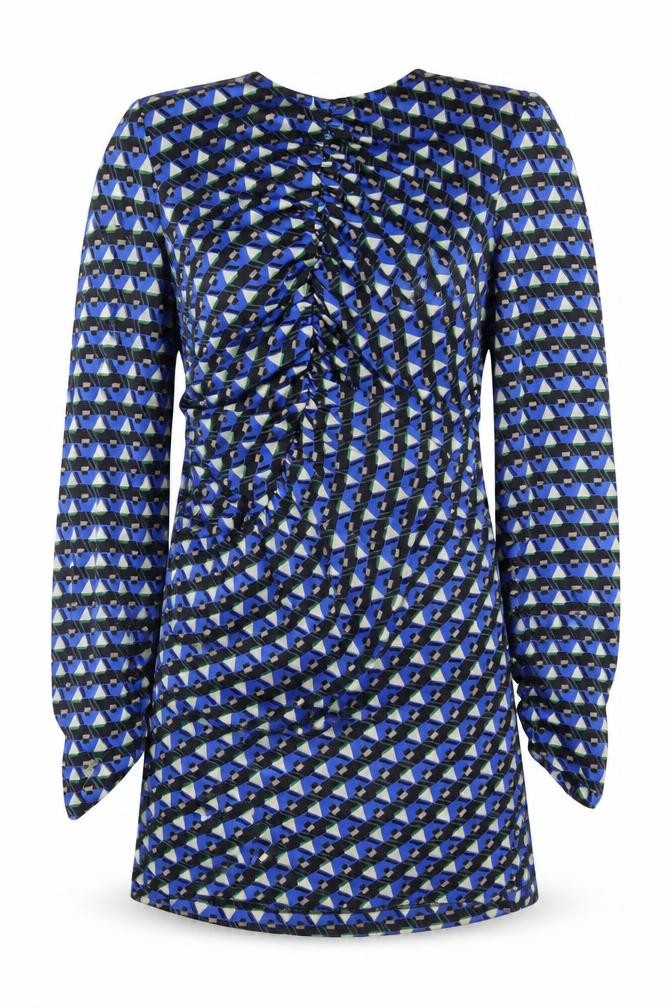 Front view of Zara women’s blue geometric polyester a-line, size M, off the shoulder zip