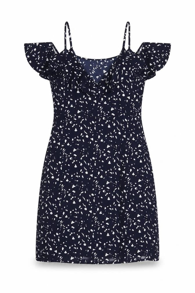 Front view of Vero Moda women’s blue animal print polyester a-line, size S, off the shoulder pullover
