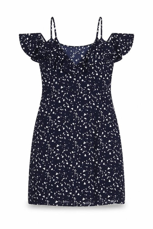 Front view of Vero Moda women’s blue animal print polyester a-line, size S, off the shoulder pullover