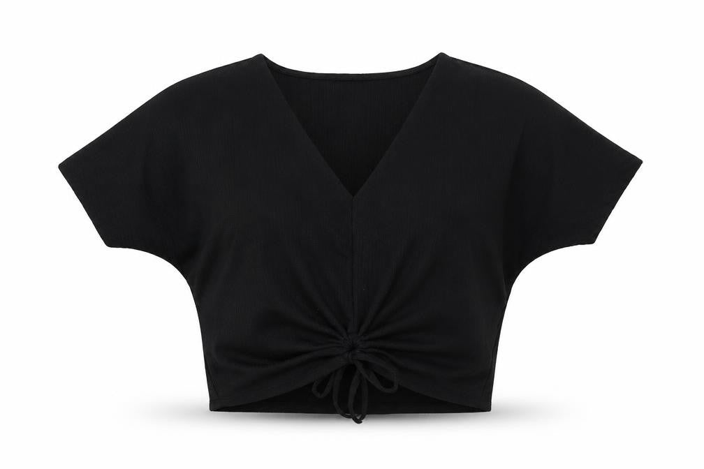 Front view of Zara women’s black polyester basic blouse, size M, v-neck