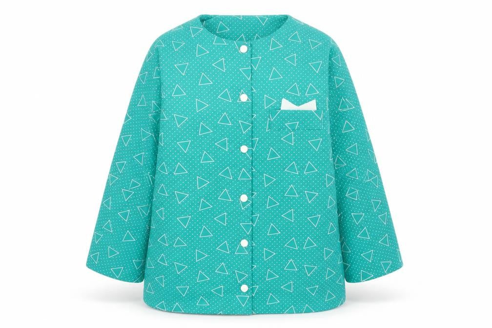 Front view of Preworn women’s green geometric polyester basic button-up, size UK 16, round neck