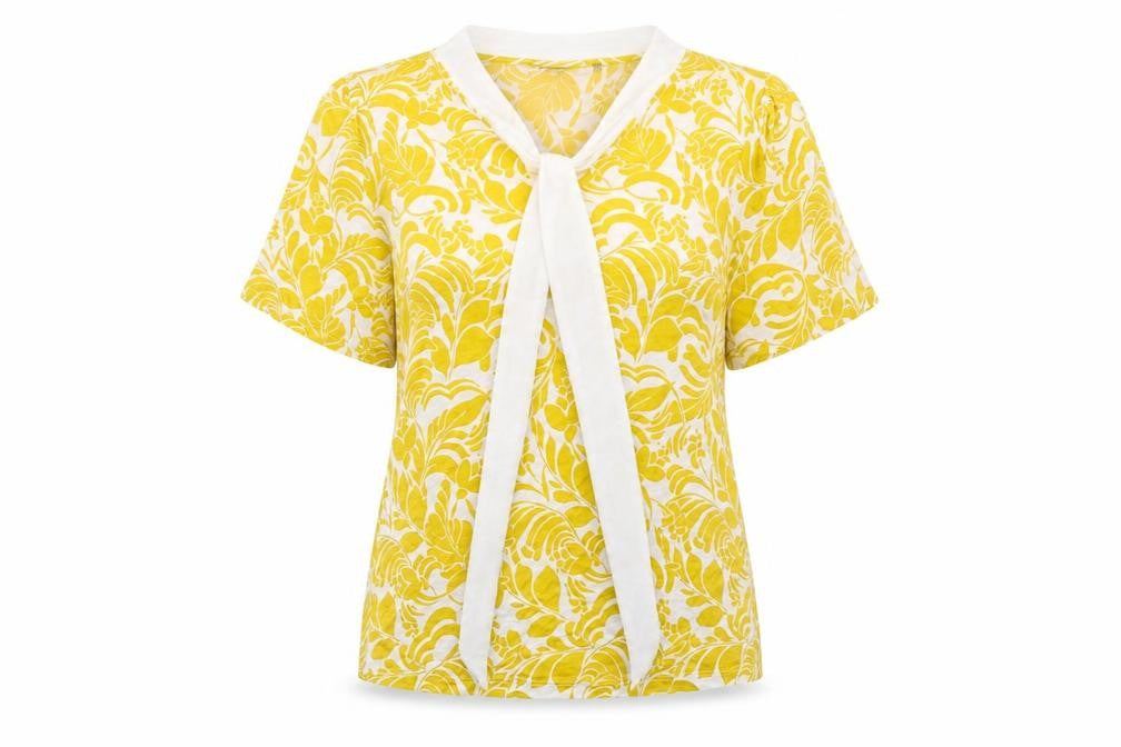 Marks and Spencer Womens Yellow Floral Viscose Basic T-Shirt Size 6 Round Neck