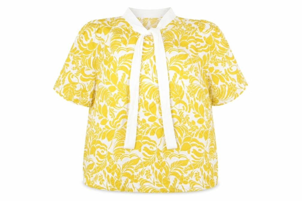 Front view of Marks & Spencer women’s yellow geometric viscose basic blouse, size UK 14, round neck