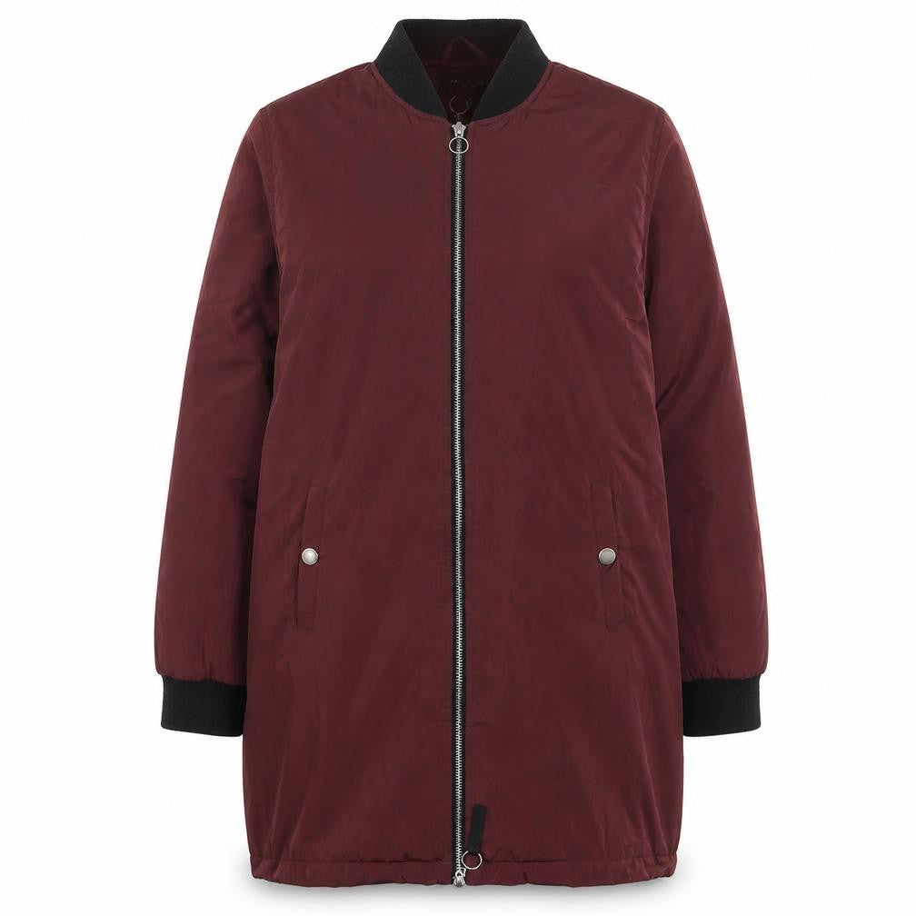 Front view of Brave Soul women’s red puffer jacket coat, size L, zip