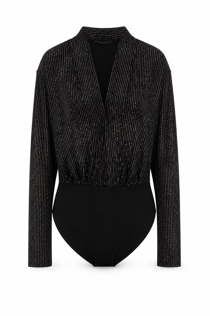 Front view of Primark women’s black striped polyester bodysuit one-piece, size XS, snap