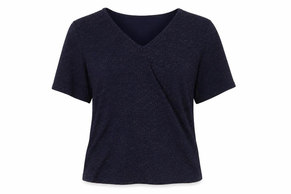 Front view of Planet women’s blue nylon basic blouse, size M, v-neck