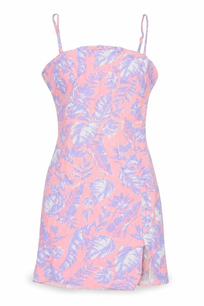New Look Womens Pink Floral Cotton Mini Size 14 Square Neck Zip