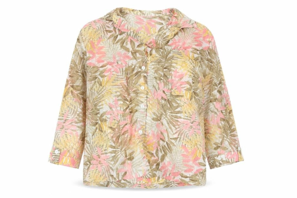 Front view of Cathy Daniels women’s yellow floral polyester basic button-up, size M, collared
