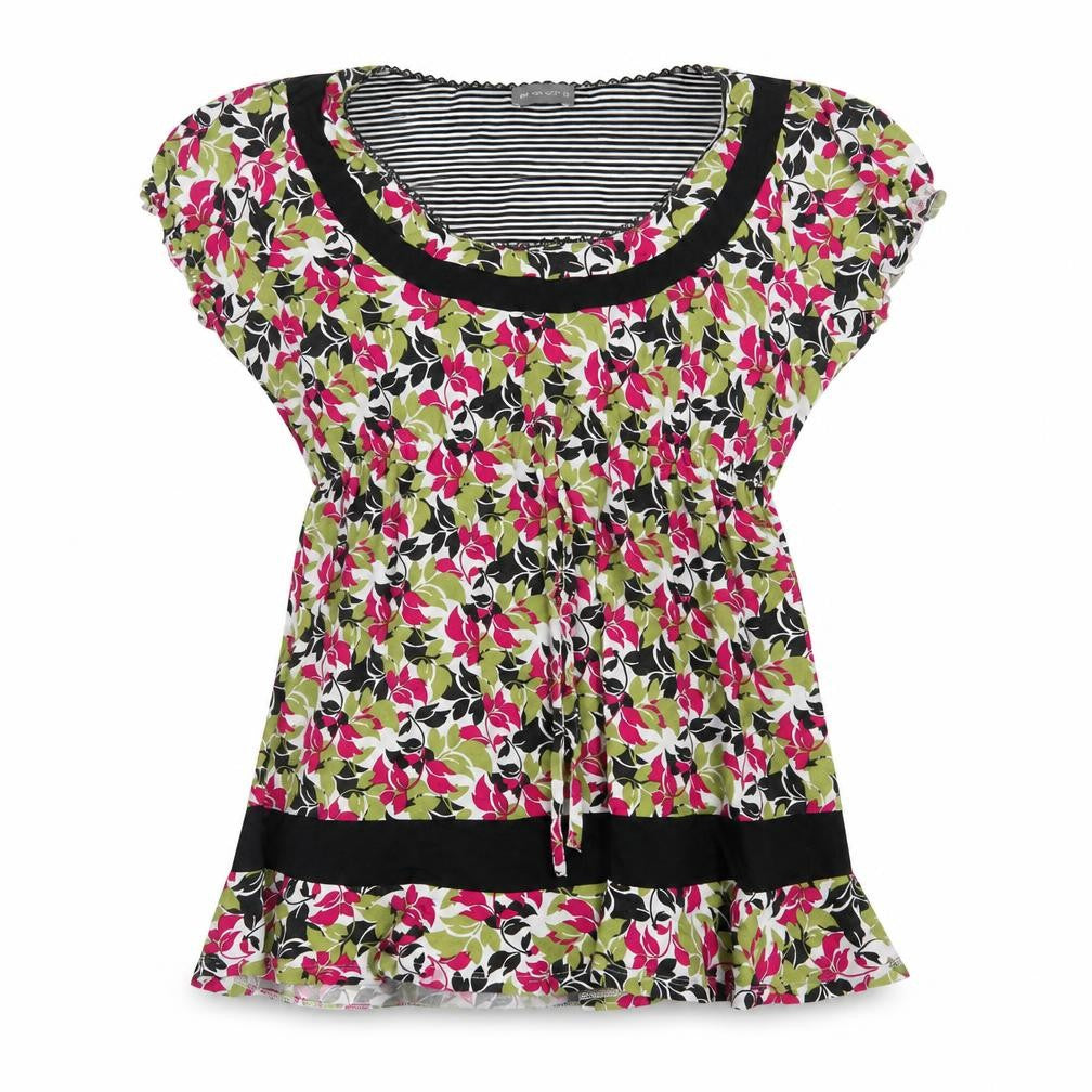 Front view of Per Una women’s green floral viscose basic blouse, size UK 10, boat neck