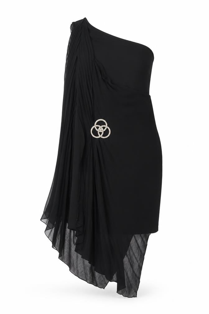 Front view of River Island women’s black herringbone polyester bodycon, size UK 10, one shoulder zip - brooch
