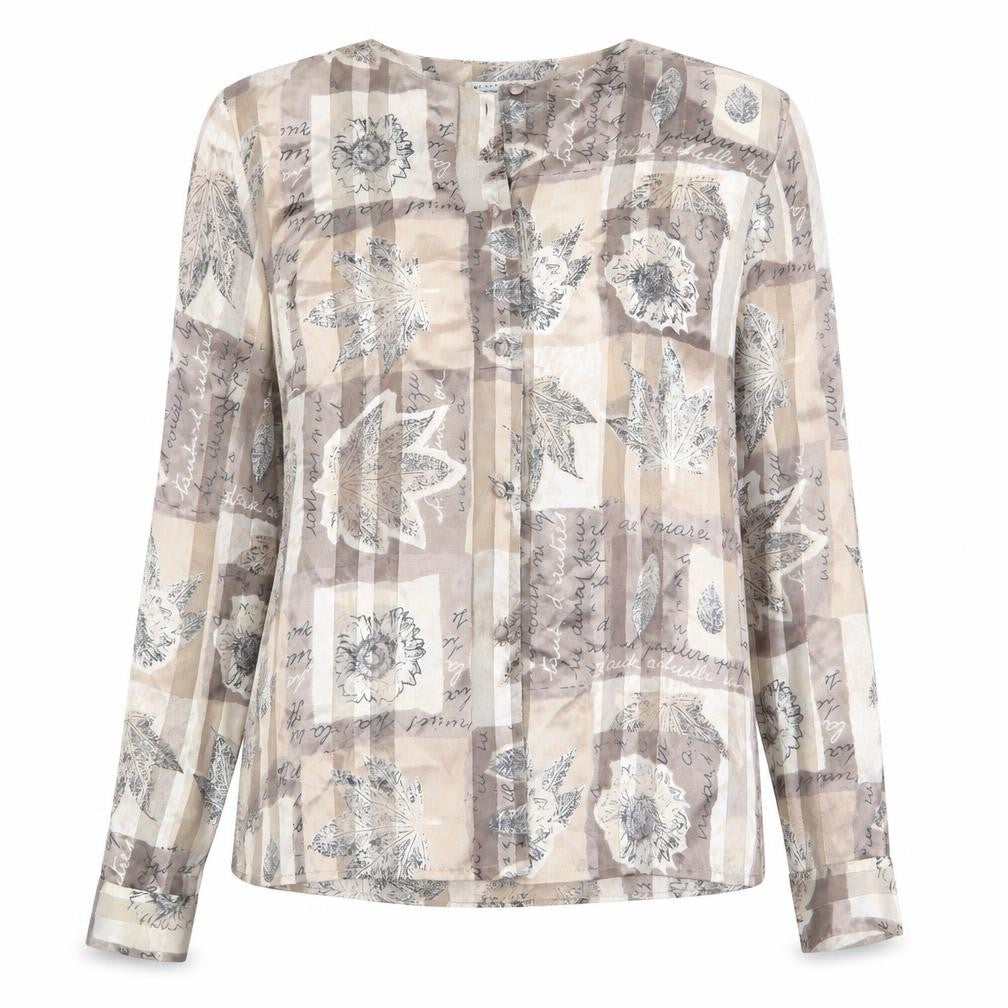 Front view of Martinique women’s beige floral polyester basic button-up, size UK 10, round neck