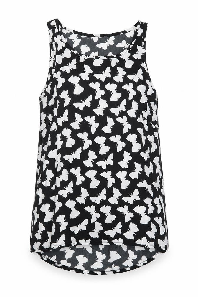 Front view of Atmosphere women’s black geometric polyester basic tank, size UK 8, boat neck - butterfly pattern