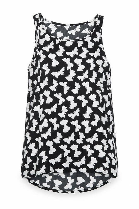 Front view of Atmosphere women’s black geometric polyester basic tank, size UK 8, boat neck - butterfly pattern
