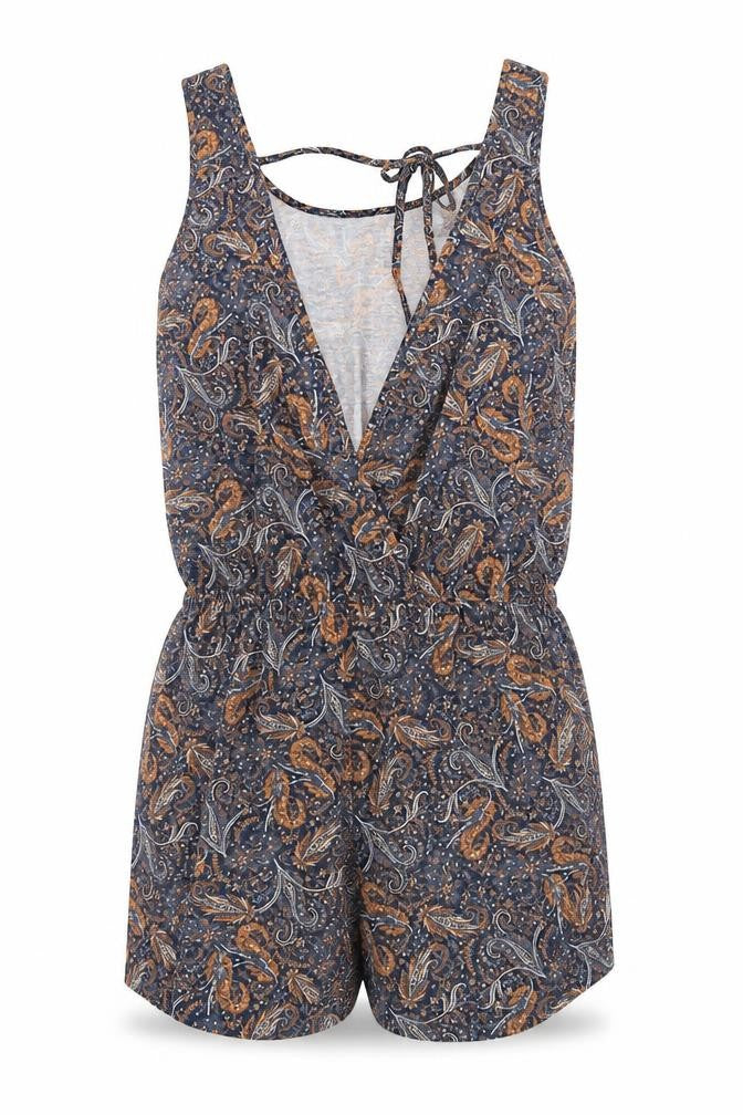 Front view of ESMARA women’s black paisley polyester romper one-piece, size M, tie