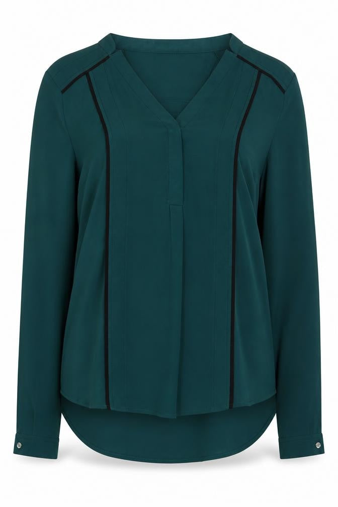 Front view of Jones New York women’s green polyester basic blouse, size UK 10, v-neck