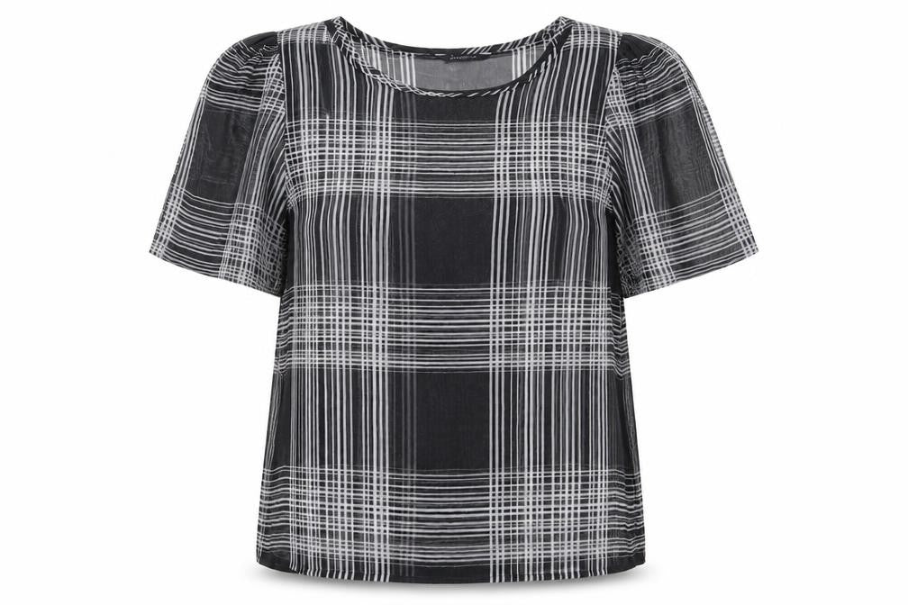 Front view of Marks & Spencer women’s black plaid polyester basic blouse, size UK 16, roll neck