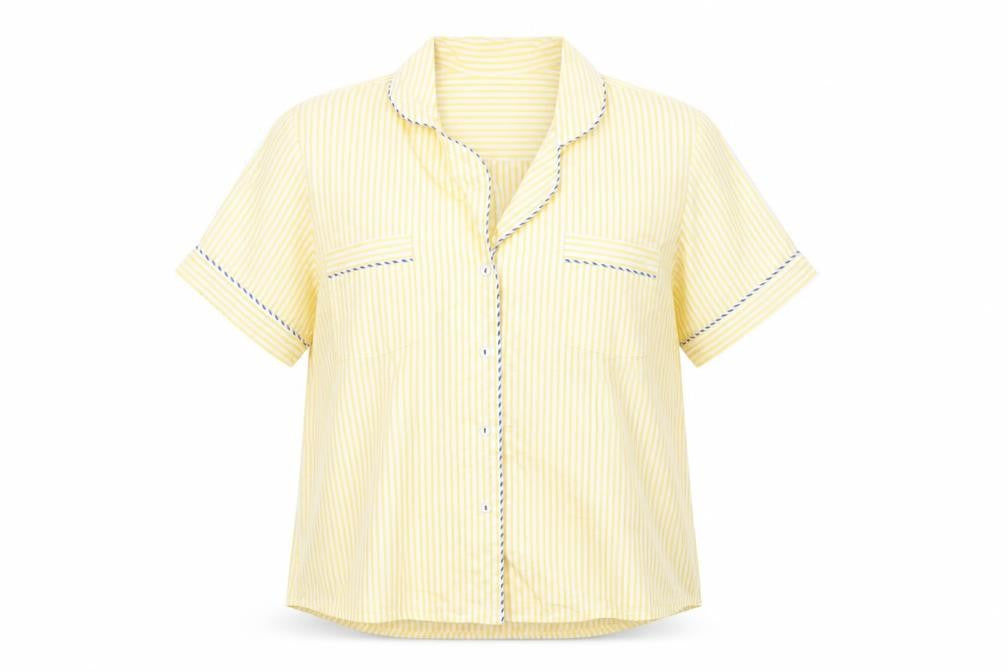 Front view of Salua women’s yellow striped cotton basic button-up, size M, collared