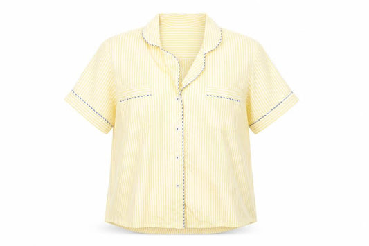 Front view of Salua women’s yellow striped cotton basic button-up, size M, collared