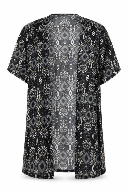 Front view of Atmosphere women’s black geometric polyester kimono blouse, size XS, v-neck