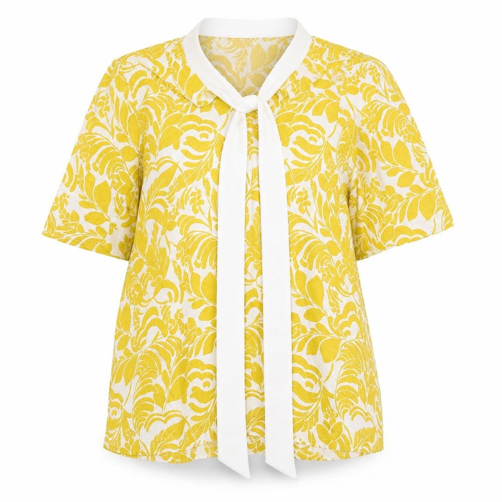 Front view of Marks & Spencer women’s yellow geometric viscose basic blouse, size UK 10, mock neck