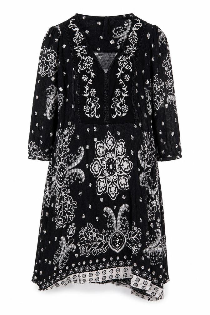 Front view of Next women’s black geometric viscose a-line size 2xs v-neck pullover