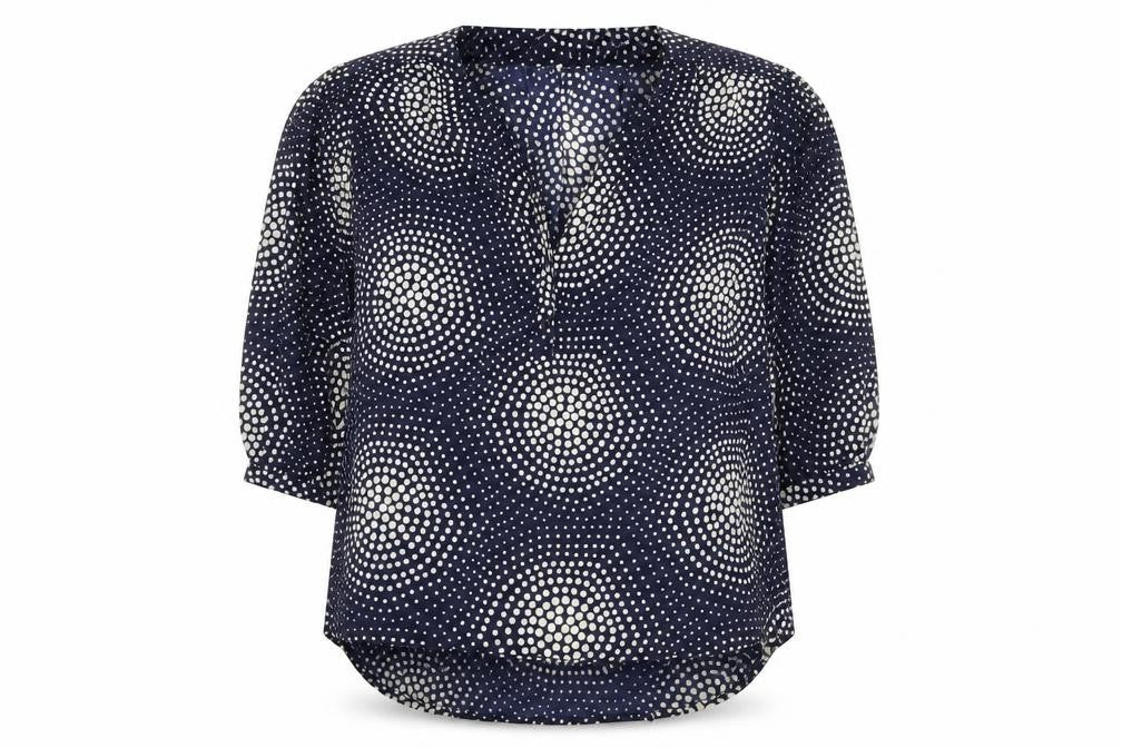 Front view of eci New York women’s blue geometric polyester basic blouse, size XL, v-neck