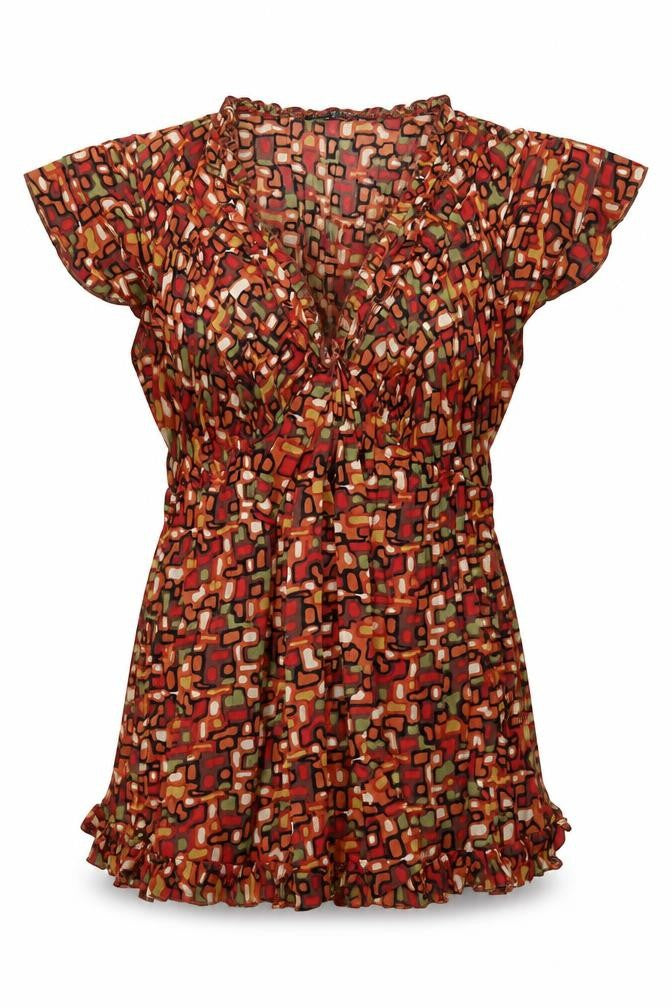 Front view of Violet & Claire women’s orange geometric polyester basic blouse, size S, v-neck