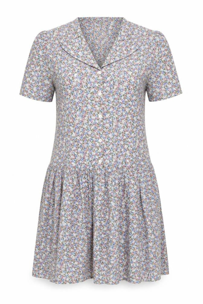 Front view of Mums The Word women’s multicoloured floral polyester a-line, size UK 12, collared button
