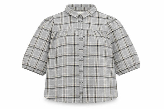 Front view of My Essentials Waredrobe women’s grey plaid cotton basic button-up, size UK 8, collared