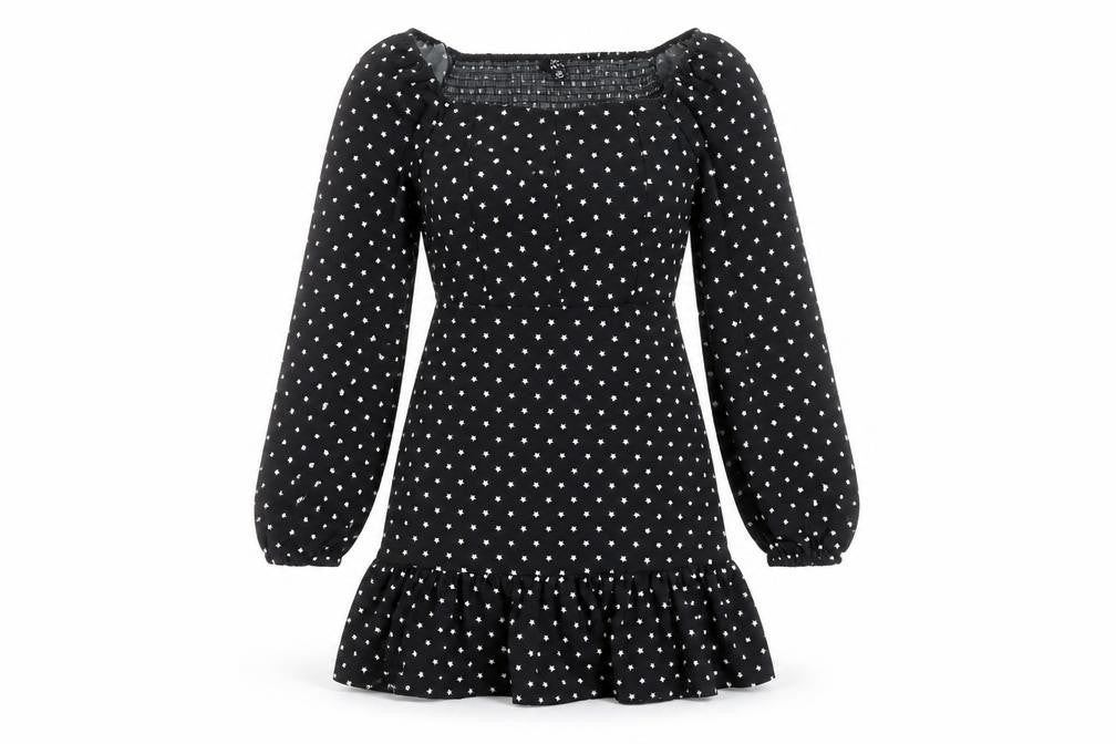 Front view of Lola Skye women’s black polka dot polyester a-line, size UK 8, scoop neck pullover