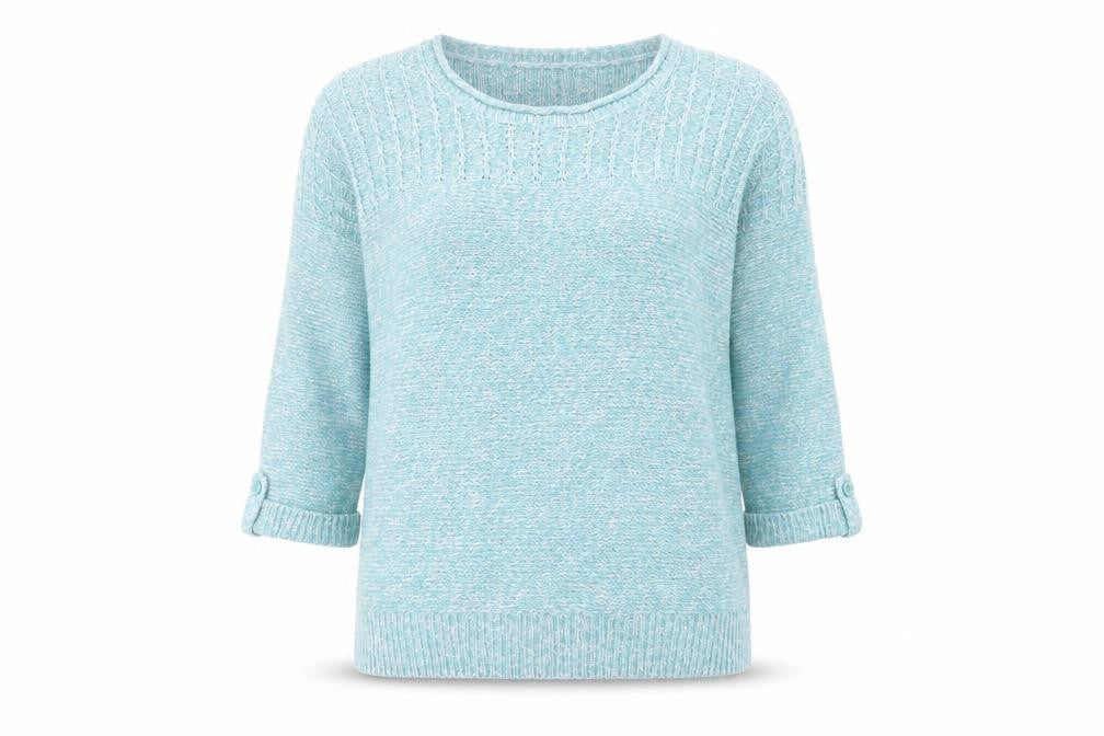 Front view of EWM women’s blue round neck acrylic jumper, size L