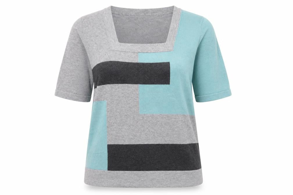 Front view of Country Casuals women’s grey colourblock viscose basic blouse, size M, square neck